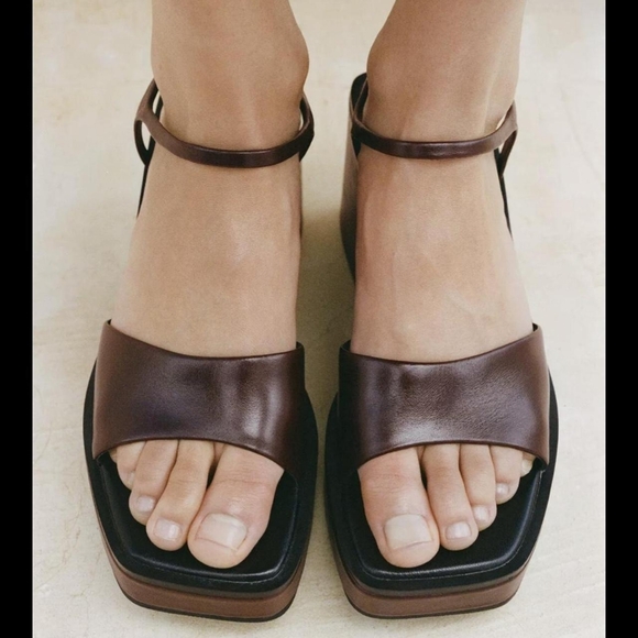 Zara Burgundy and Brown Leather Platform Wedge Sandals - Picture 2 of 8